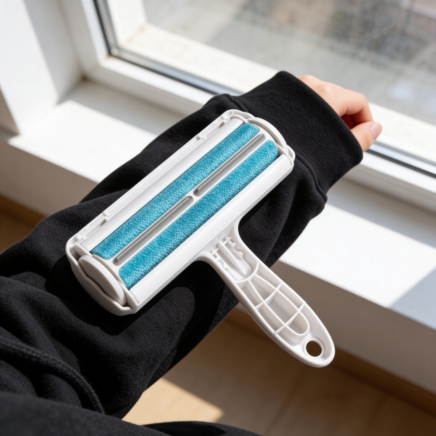 Lint Roller on black hoodie - lifestyle